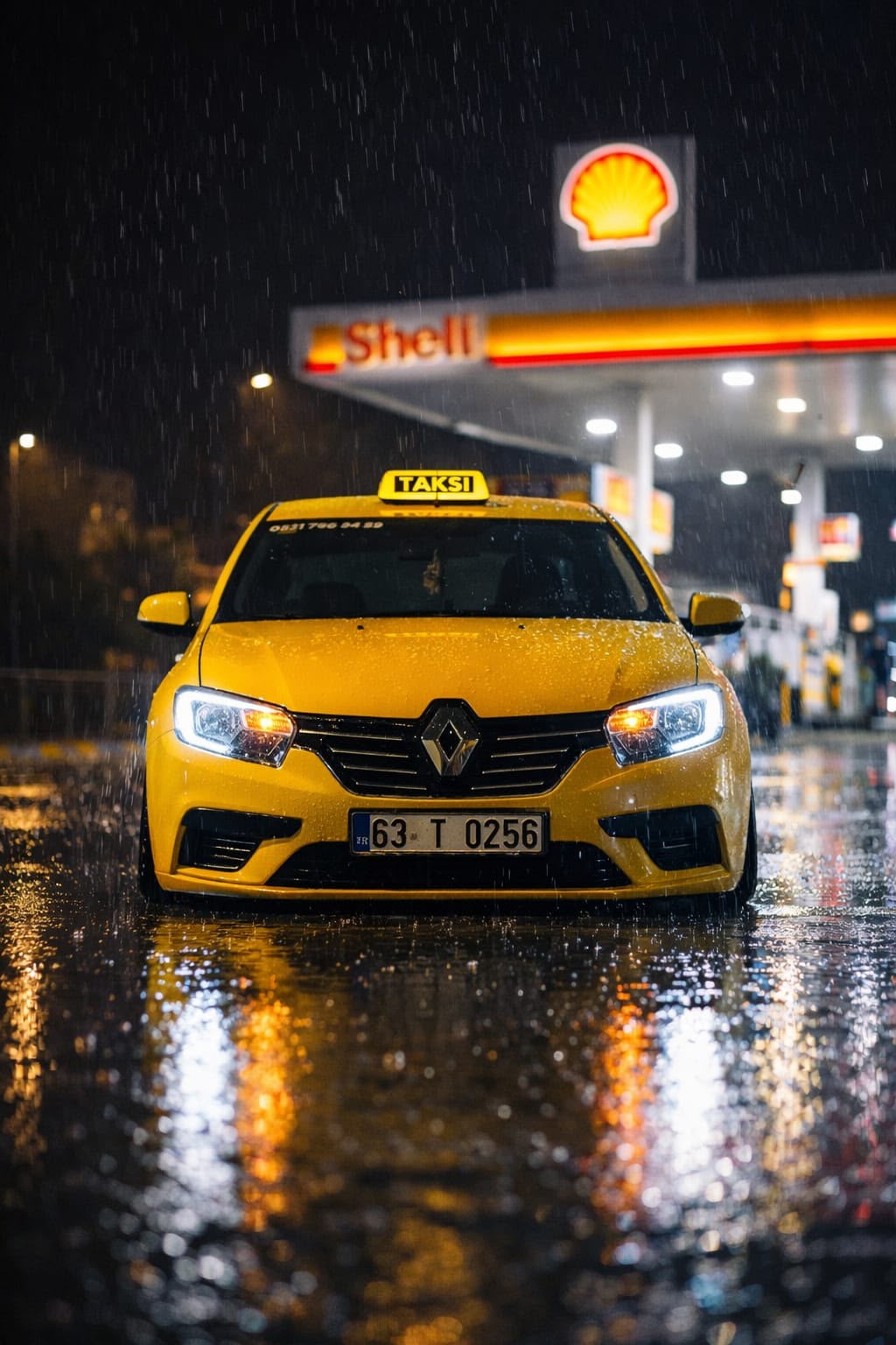 Yağmurlu gecede yakıt istasyonu önünde bekleyen taksi